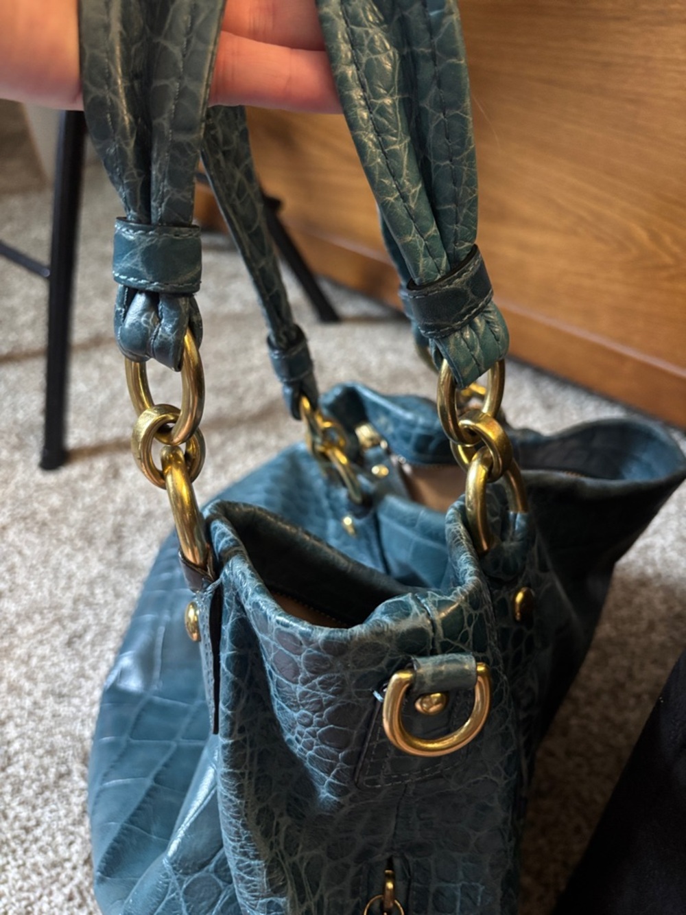 Teal Croc-Embossed Leather Tote Bag with Gold Hardware - Picture 15 of 16